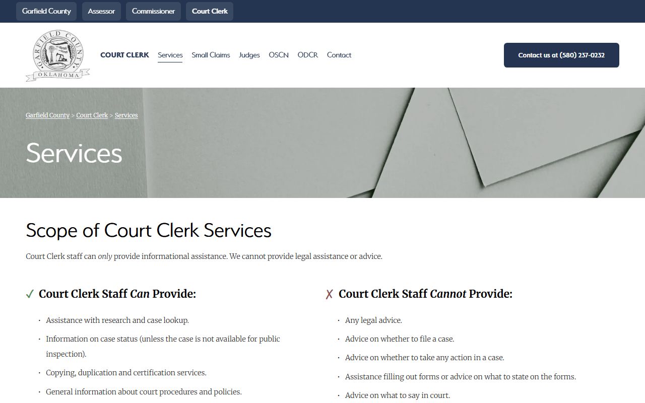 Garfield County court records copy fees and Court Clerk services